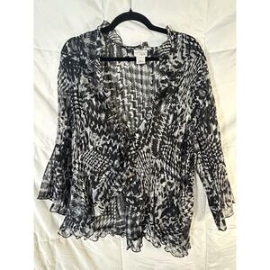 Kim Rogers Signature Black‎ White Abstract Print Tie Front Ruffle Blouse Top 2X